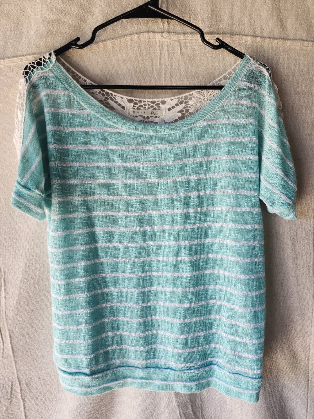 Must Have Lane Aqua Turquoise Striped Crochet Lace Short Sleeve Top – Gently Use